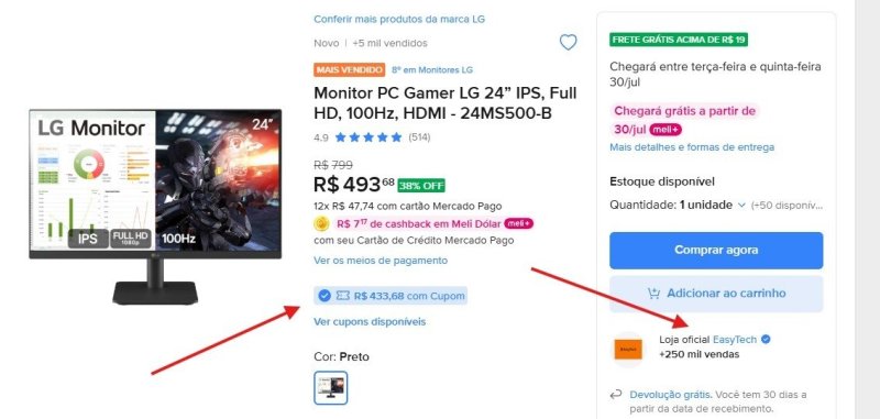 Monitor PC Gamer LG 24” IPS, Full HD, 100Hz, HDMI - 24MS500-B