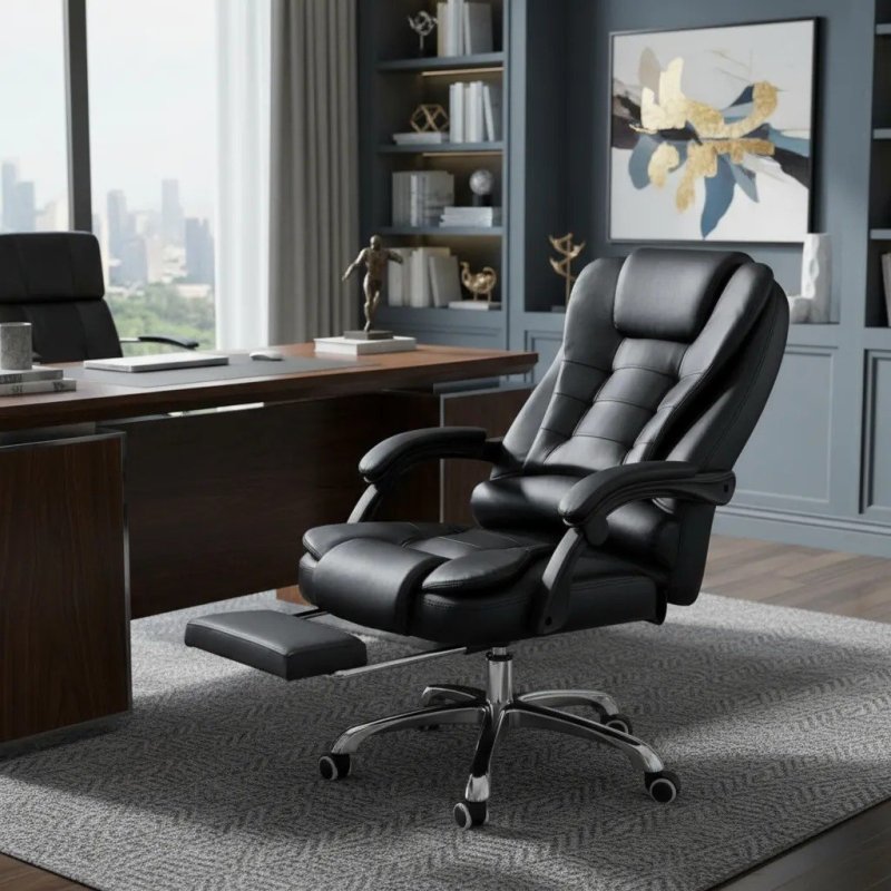 Cadeira Presidente Ergonômica Python Fly Couro Sintético Encosto Ajustável Com Trava E Apoio Para Pés Cor Preta