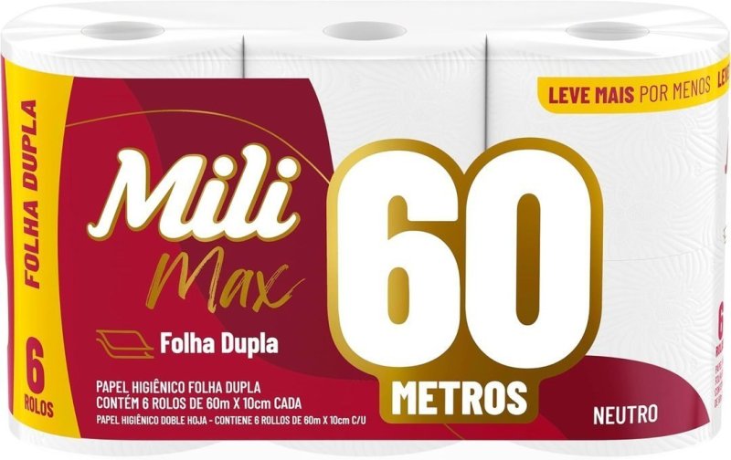 Mili Papel Higiênico Folha Dupla Max Neutro, Picotado e Texturizado, 6 Rolos de 60 metros