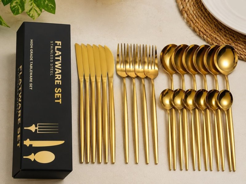 Kit 24 Peças Jogo De Talheres Dourados Aço Inoxidável 416