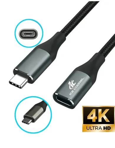Cabo Extensor Usb Tipo C Gen 2 Macho Para Fêmea 100w Carregamento Turbo Rápido Dados Video 4k/60hz Thunderbolt 3.1 Compativel Com Macbook iPhone Android Xiaomi Notbook 1 Metro Ice Coorel