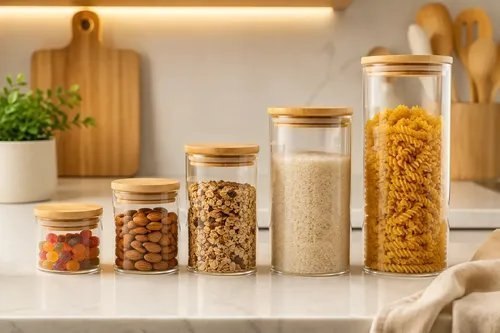 Kit 5 Pote Vidro Hermético Tampa De Bambu Cozinha Mantimento