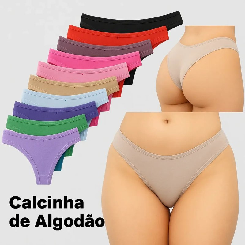 Kit 10 Calcinhas Algodão Tanga Lisa Conforto Básica Feminina