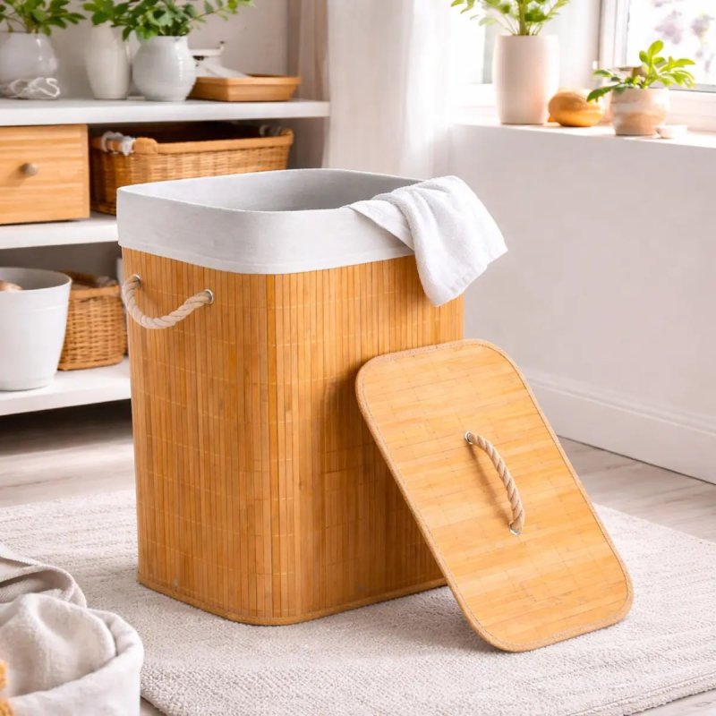 Cesto de Roupa em Bambu Dobrável 72L com Tampa
