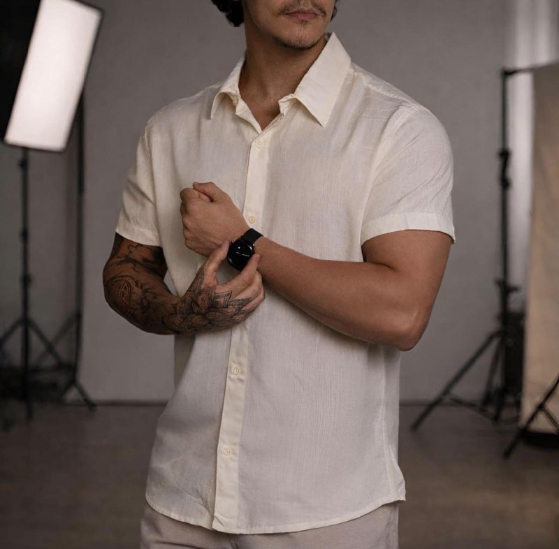 Camisa De Linho Masculina Manga Curta Para Verão Moda Praia
