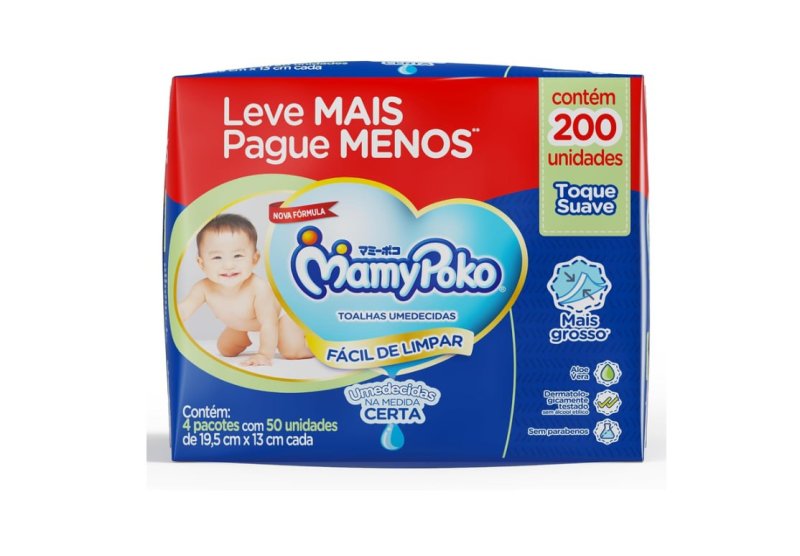 200 un. Lenços Umedecidos MamyPoko Toque Suave