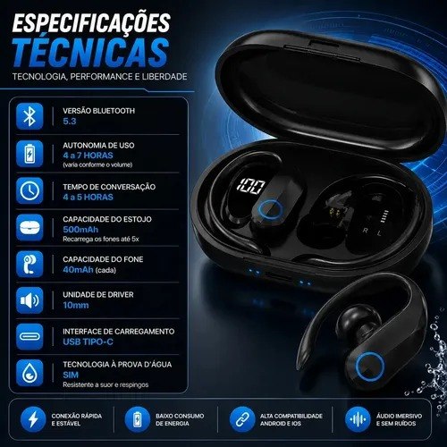 Fone de Ouvido Bluetooth TWS Esportivo com Gancho para Academia e Corrida