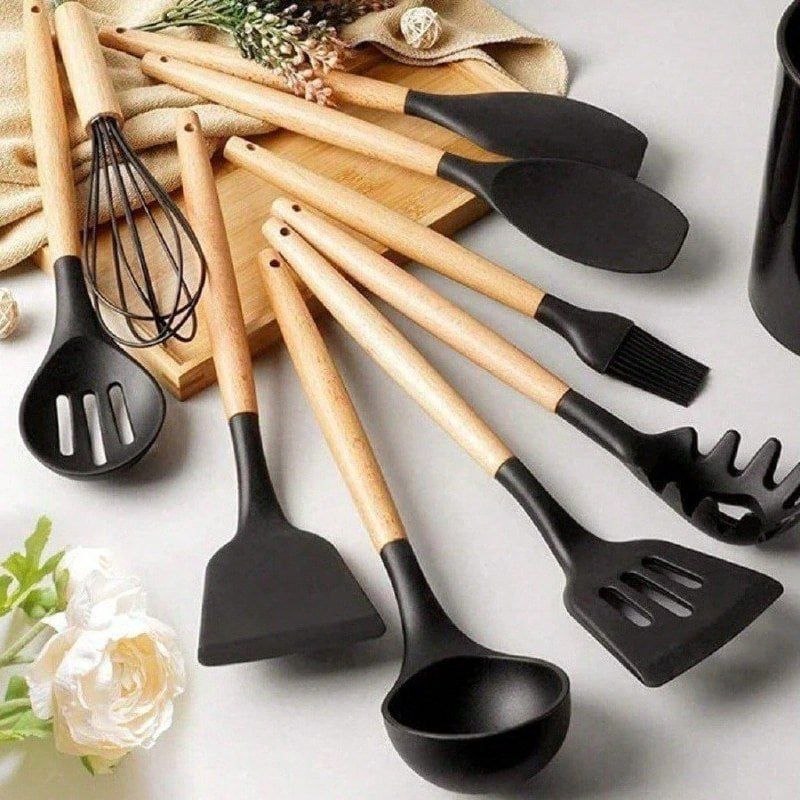 Kit com 12 Utensílios de Cozinha Silicone Cabo Madeira