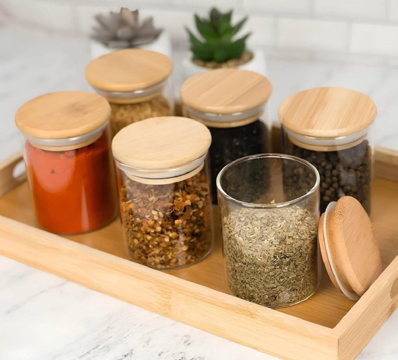 Kit 6 Pote Vidro Porta Temperos Hermético Cozinha Organiza Vidro/tampa De Bambu