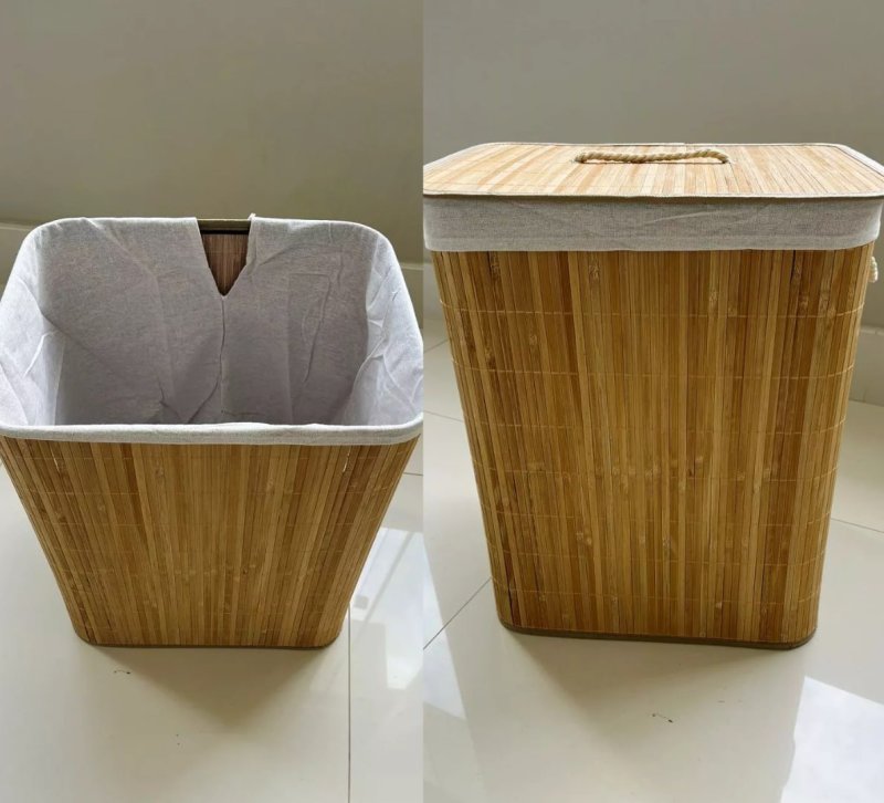 Eps-3903 Cesto Roupa Bambu Retangular Dobrável Com Tampa Alças 60l Bege