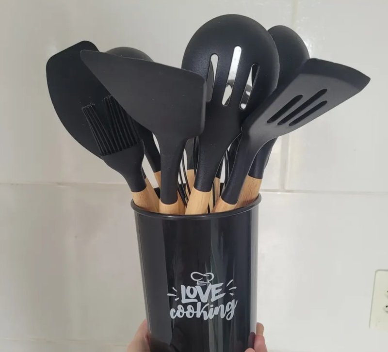 Kit C/12 Utensílios De Cozinha Silicone Cabo Madeira