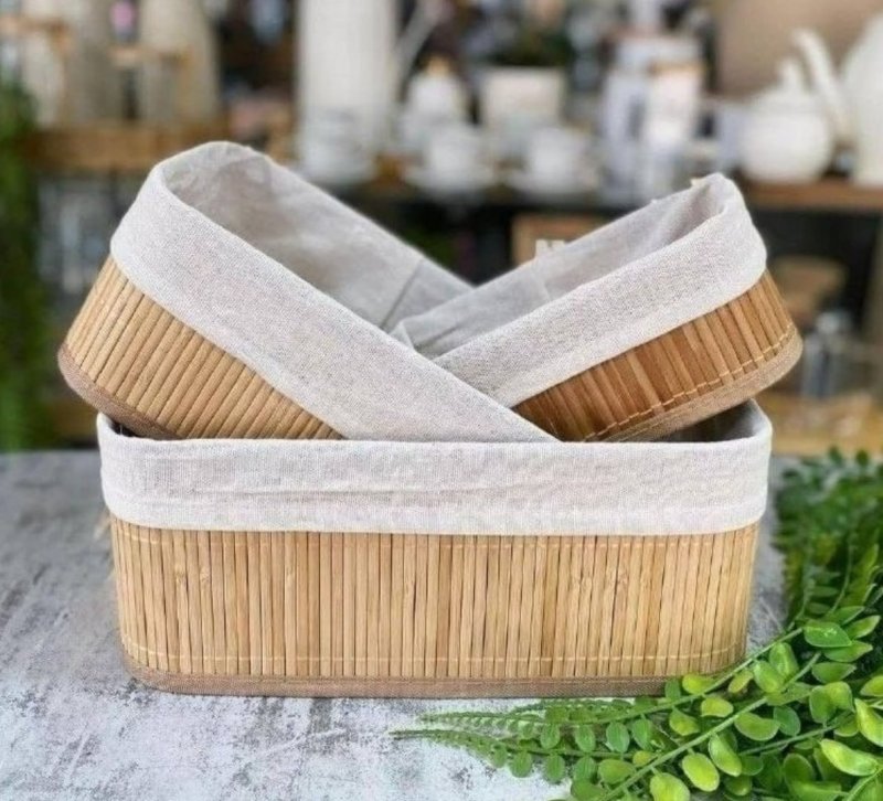 Kit 3 Cestos Organizadores De Bambu Retangulares Com Forro Lavável Multiuso