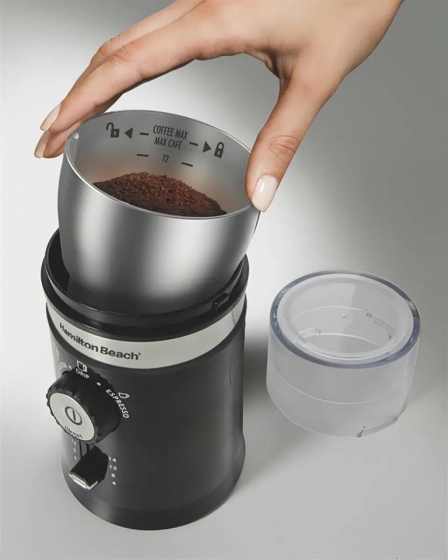 Moedor de Café Elétrico Hamilton Beach Ajustável Inox 150W Triturador de Grãos e Sementes, Cuba Removível