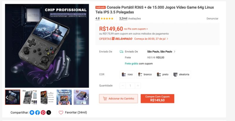 Console Portátil R36S 64GB com +15.000 Jogos