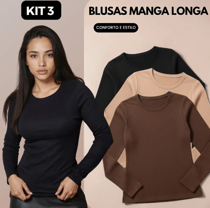 Kit 3 Blusas Manga Longa Segunda Pele Canelada