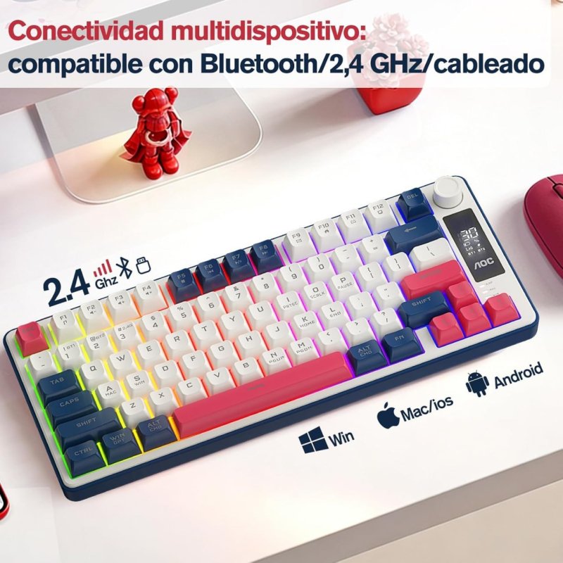 AOC GK280 Teclado sem fio 70%, Bluetooth Trimodo /2.4 GHz/USB-C