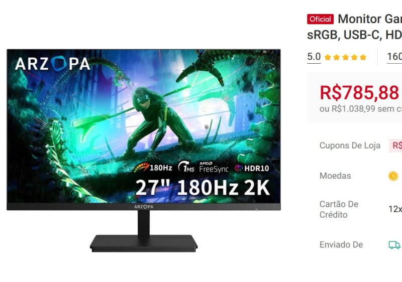 Monitor Gamer ARZOPA M1RC 27" 2K QHD 180Hz IPS