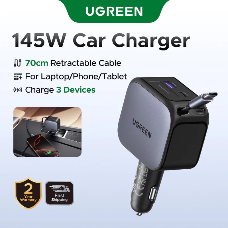 UGREEN Carregador 145W PD60W - Cabo Retrátil USB-C - Carga Rápida