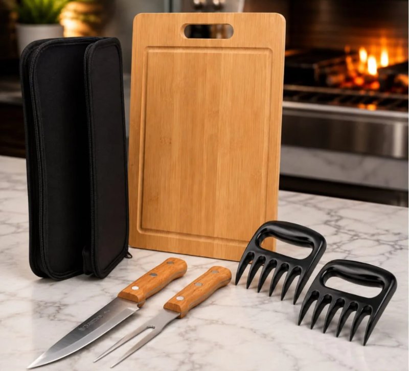 Kit Tábua Churrasco Completo Com Utensílios Em Inox 6 Peças Lisa Marrom