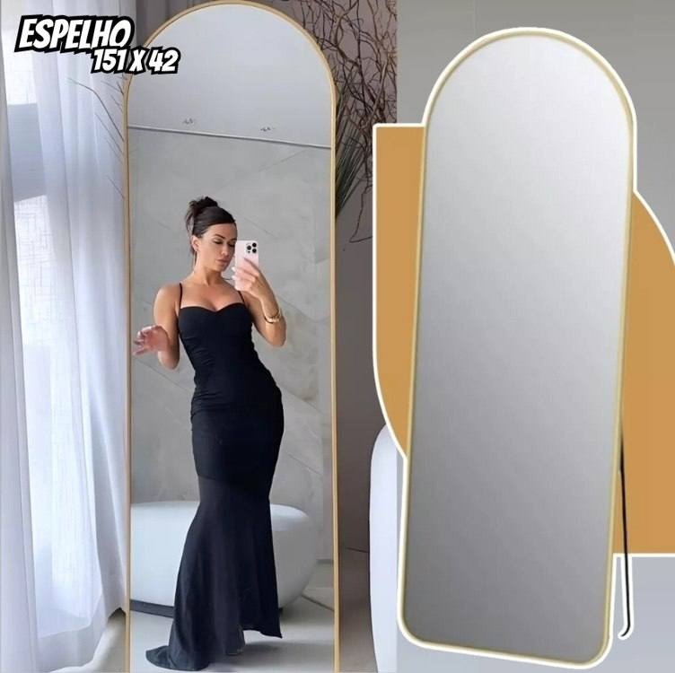 Espelho De Chão Corpo Inteiro Vitral Com Moldura E Suporte Dourado