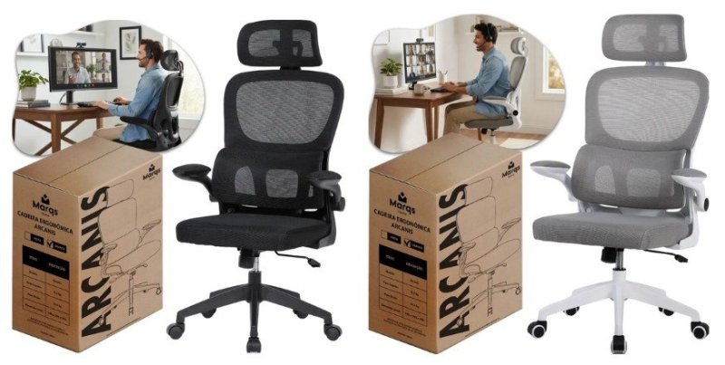 Cadeira Ergonômica NR17 Marqs Home Arcanis Preta com Apoio Lombar e Encosto Mesh