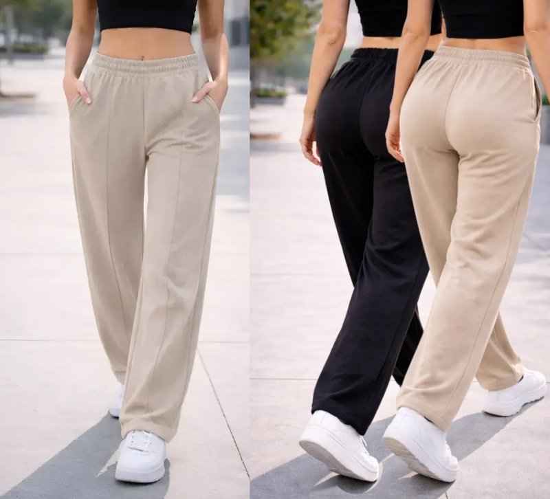 Calça Moletom Cintura Elástica Estilosa Wide Leg Pantalona Bege Lisa G 44
