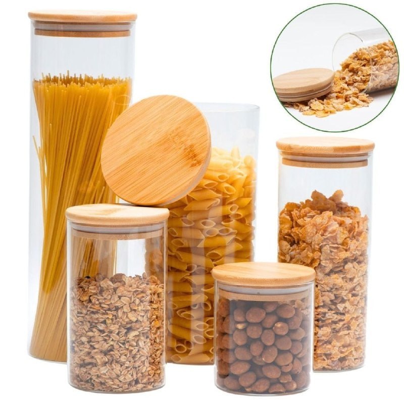 05x Vidro Hermético Transparente Tampa Bambu Porta Alimentos