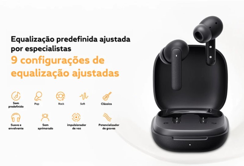Fone de Ouvido QCY Buds T43 Sem Fio Bluetooth 5.3 Modo Baixa Latência, Certificado IPX4, até 35 Horas de Bateria