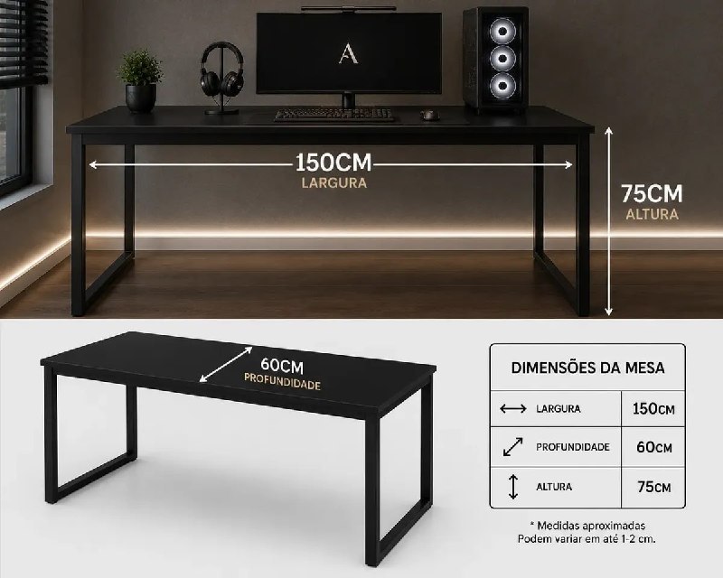 Mesa Gamer 150cm Para Escritório Industrial Estrutura Aço Preto
