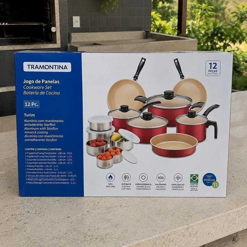Jogo De Panelas Tramontina Turim 12pçs C/ Kit Tigelas Inox Vermelho + Frete Grátis