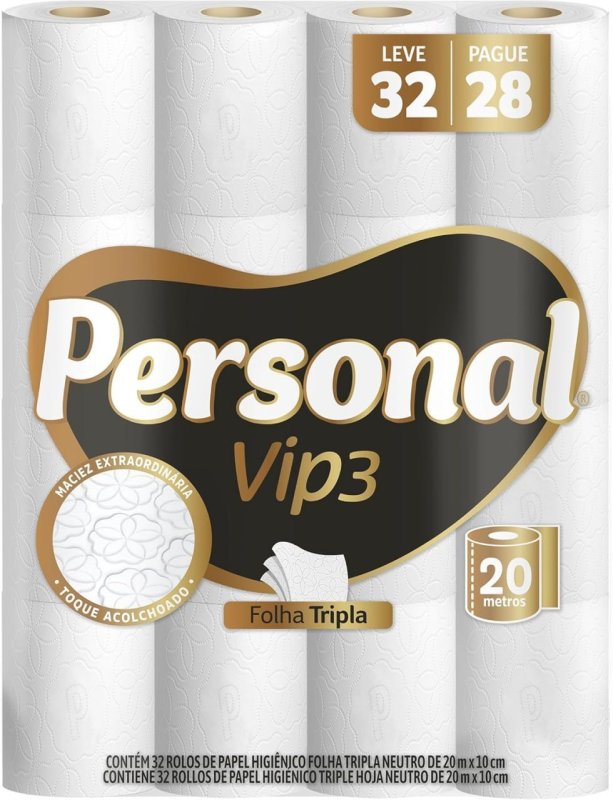 2x Personal Papel Higiênico Vip Folha Tripla, 32 Rolos De 20M