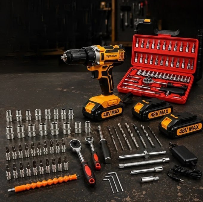 Parafusadeira Furadeira De Impacto 2 Baterias + Kit 46 Peças Amarelo 127/220v 50hz/60hz