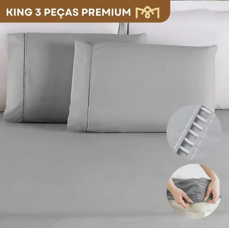 Jogo De Lençol King Padrão C/ Elástico E Fronhas Ponto Palito 400 Fios Macio 3 Peças Premium Cinza Liso