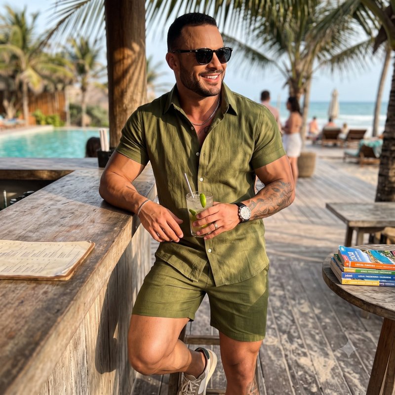 KIT LINHO CASUAL PERFEITO - Conjunto Masculino Linho Camisa Shorts Mauricinho Com Bolso
