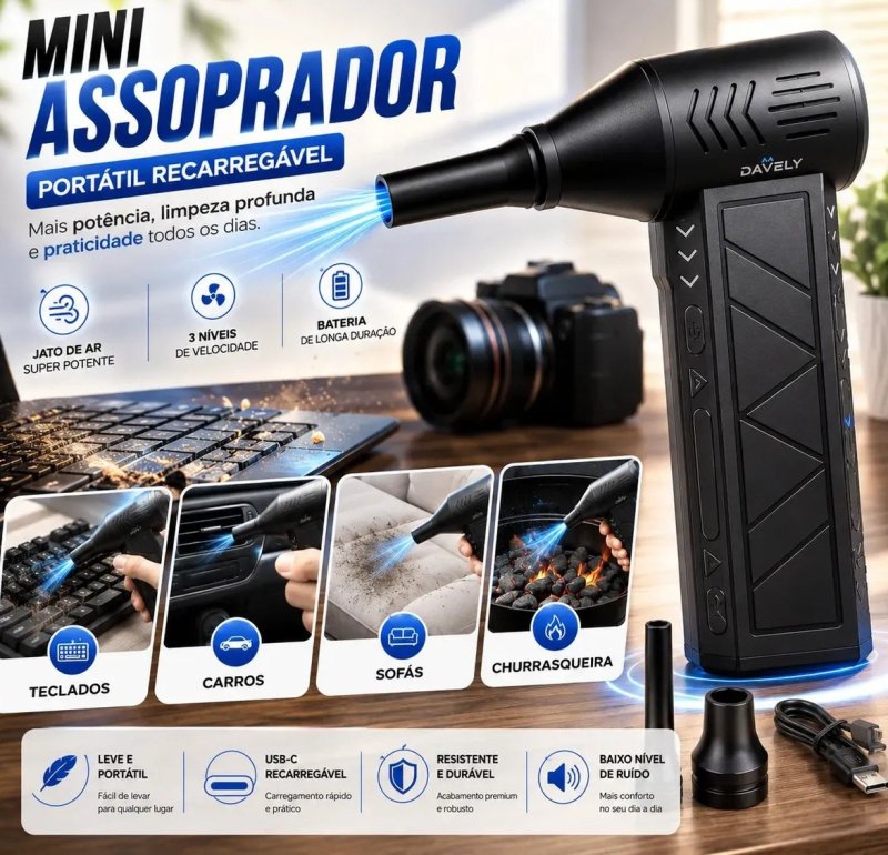 Mini Ventilador Soprador Ar Turbo 130000rpm Assoprador Sem Fio Recarregável, Preto