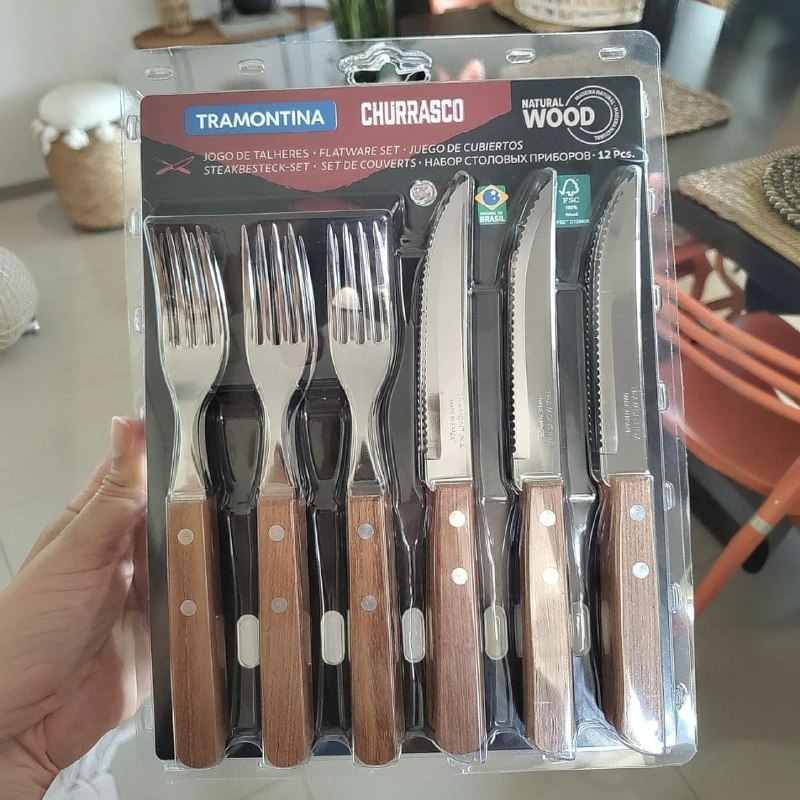 Jogo de Talheres para Churrasco Dynamic Sortidos com Lâminas de Aço Inox e Cabos de Madeira - 12 Peças