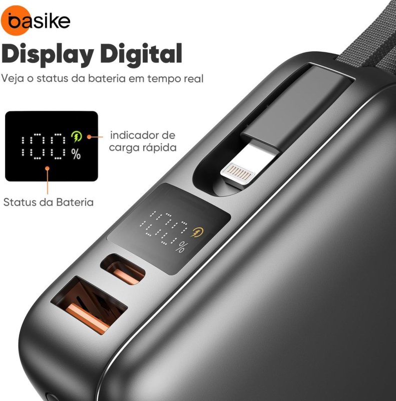 Power Bank Basike 20.000mAh com Cabos Integrados e Carga Rápida de 22,5W