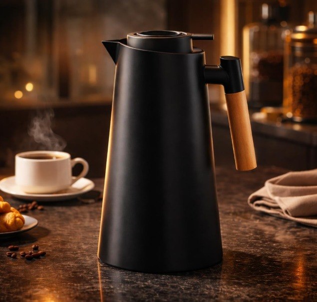 Garrafa Térmica 1L Premium – Design Elegante em Preto com Cabo de Madeira