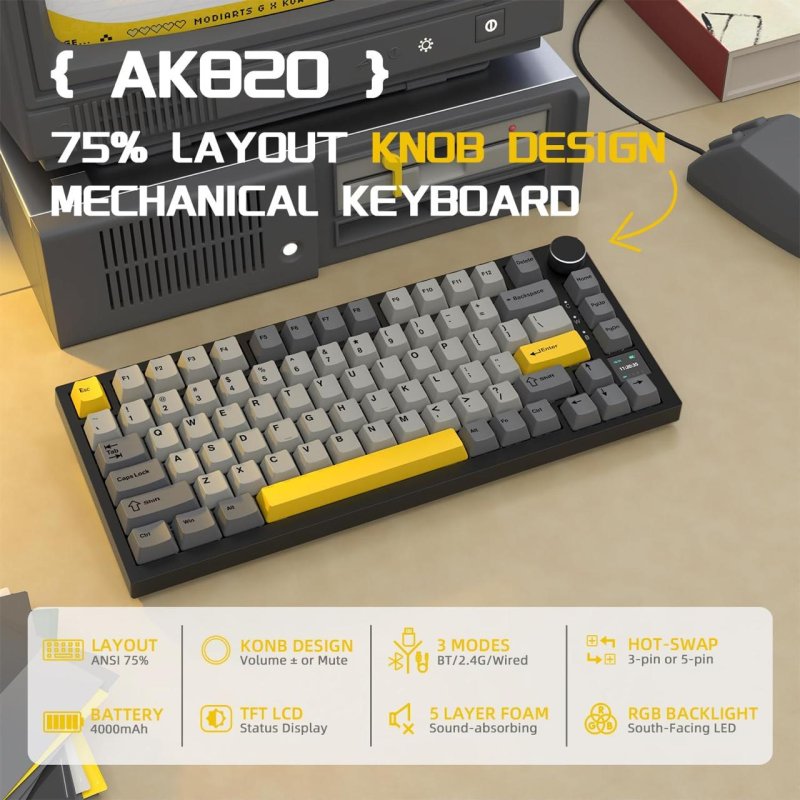 Teclado Mecânico Sem Fio Ajazz AK820 Pro com RGB e Hot Swap