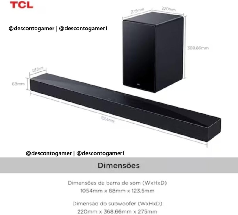 Soundbar TCL com Subwoofer sem fio Bluetooth 5.1 Canais HDMI ARC Q65H