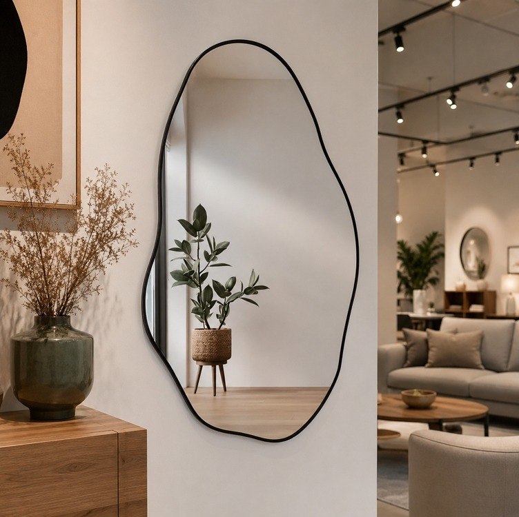 Espelho Orgânico Loja Sala 80x50 Grande Banheiro Elegante Moldura Preto + Frete Grátis