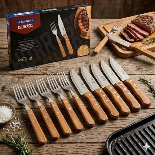 Jogo Para Churrasco Tramontina 12 Peças Jumbo Garfo Faca Cor Marrom + Frete Grátis
