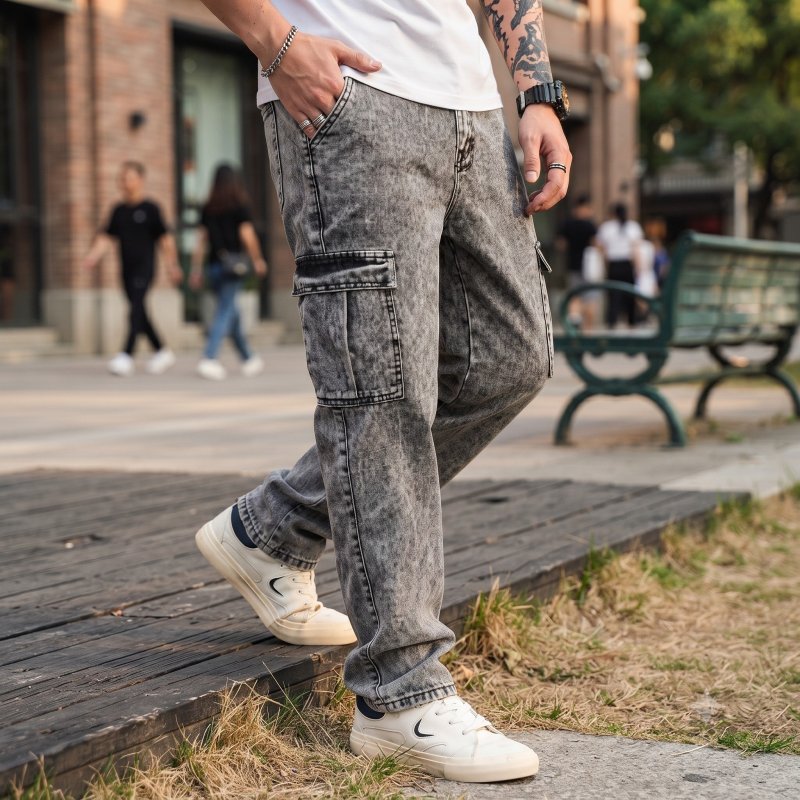 Calça Jeans Cargo Baggy Masculina Streetwear Mesclada P A GG