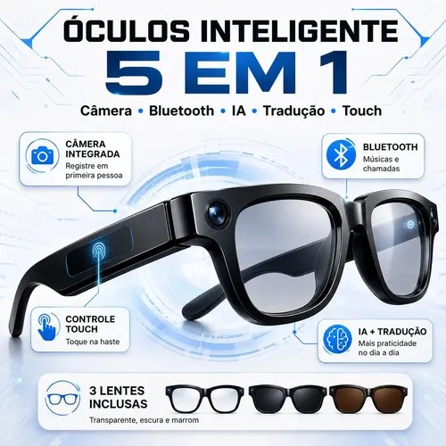 Óculos Inteligente com Câmera 13MP Bluetooth 3 Lentes Preto