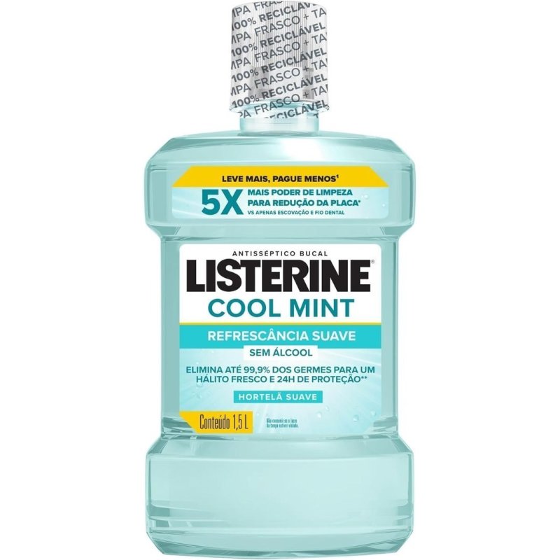 3x Listerine Cool Mint Enxaguante Bucal Sem Álcool, 1,5l