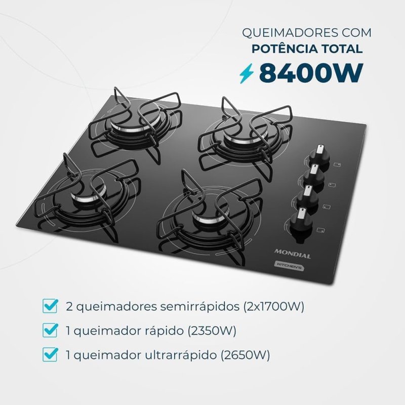 MONDIAL Cooktop a Gás 4 Bocas - Preto/Inox Bivolt