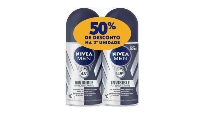 Desodorante Nivea Masculino Roll On Black e White 2 Unidades de 50ML