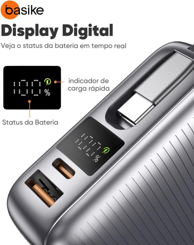Power Bank Basike 20.000mAh 45W com Cabo USB-C Integrado