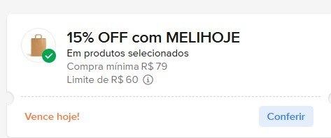 CUPOM: MELIHOJE - 15% OFF nas compras acima de R$79