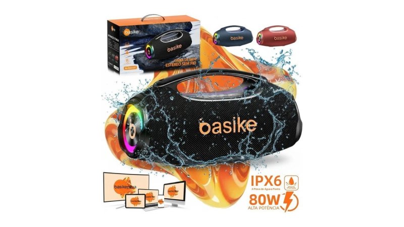 Caixa de Som Boombox 80W 8000Mah 10hrs Portátil Bluetooth 5.3 Sem fio IPX6 À Prova D'água Com Luz RGB - Basike
